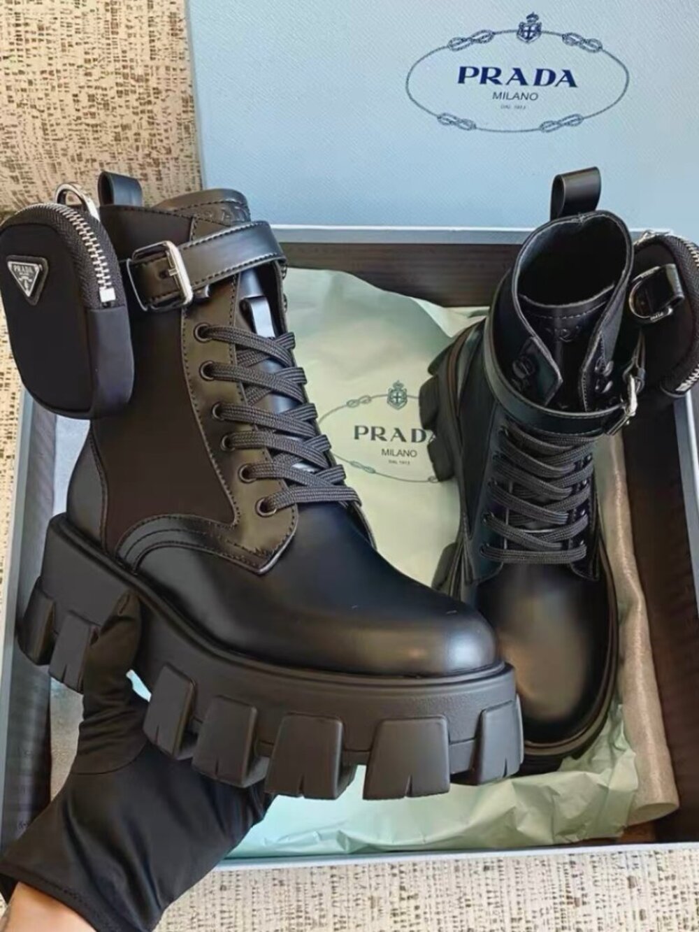 Prada Black Leather Platform Combat Boots With Removable Pouch
